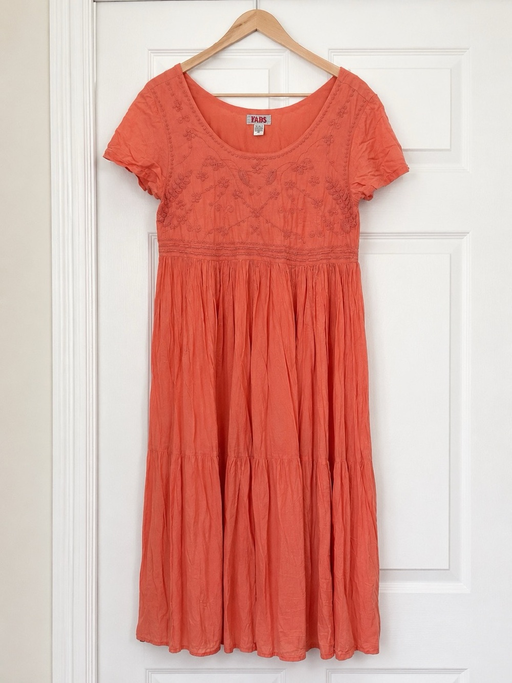 Fads Embroidered Boho Peasant Salmon/coral Midi Dress M Vintage 90s - Picture 2 of 8
